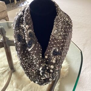 Exquisite Hand Embellished Sequin and Pearl Scarf Necklace
